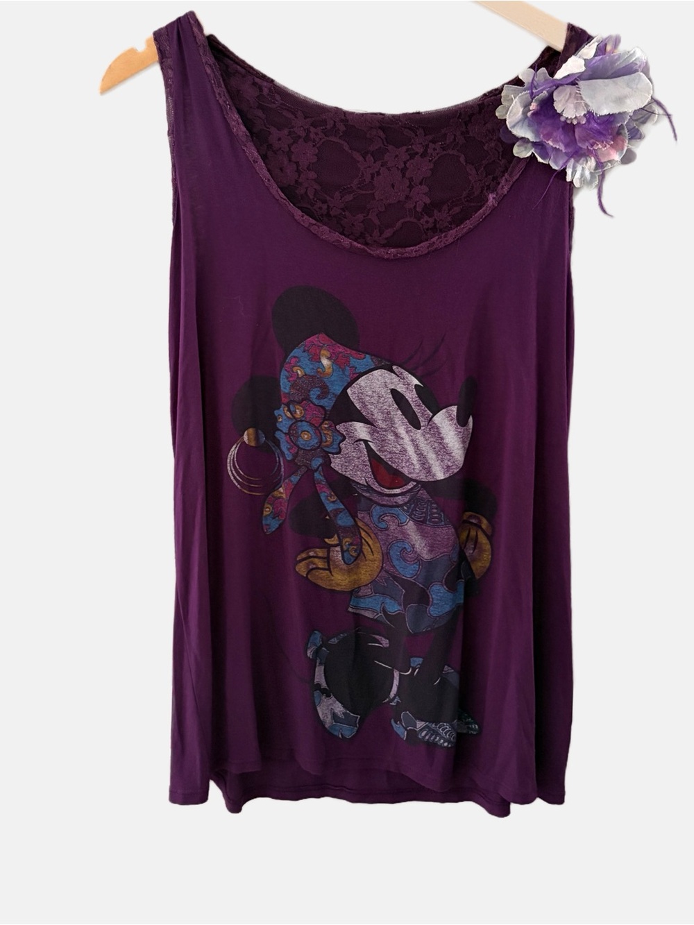 Y2K Disney Minnie Mouse Purple Lace Graphic Tank Top Flower Corsage Fairycore M